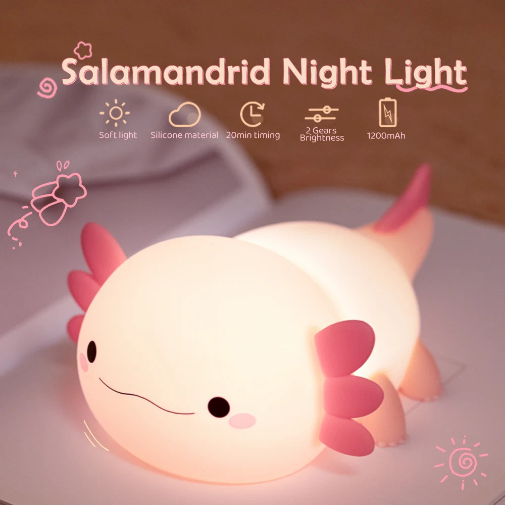 Cute Axolotl Silicone Night Light with Touch Control for Kids