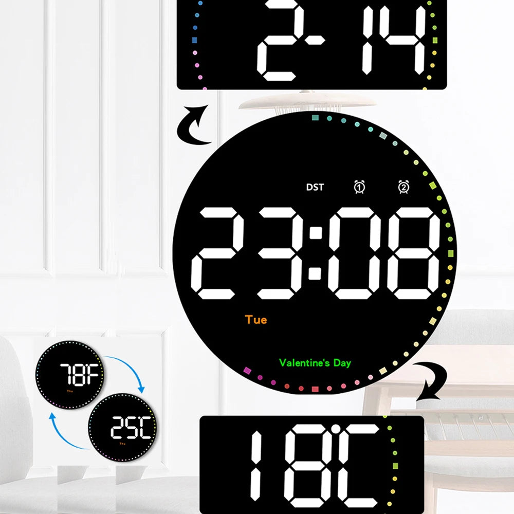 LED Wall Calendar Clock with Temp Display & Dual Alarms