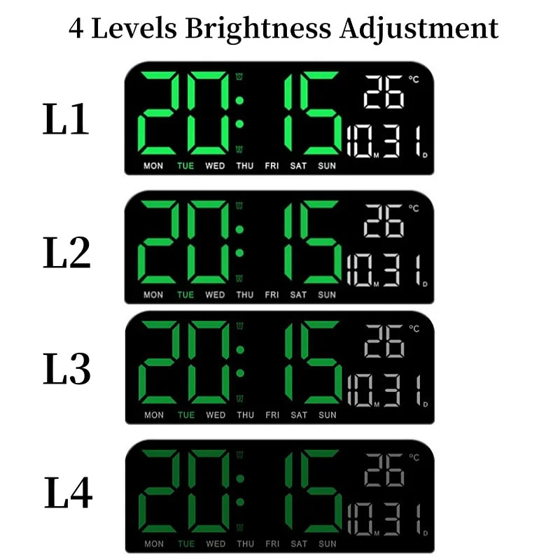 USB LED Wall Clock with Temp, Date, Alarms & Auto-Dimmer