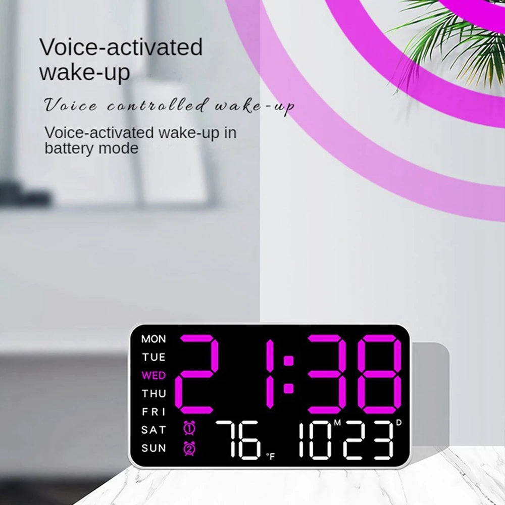 LED Digital Wall Clock with Temperature, Date, Voice Control