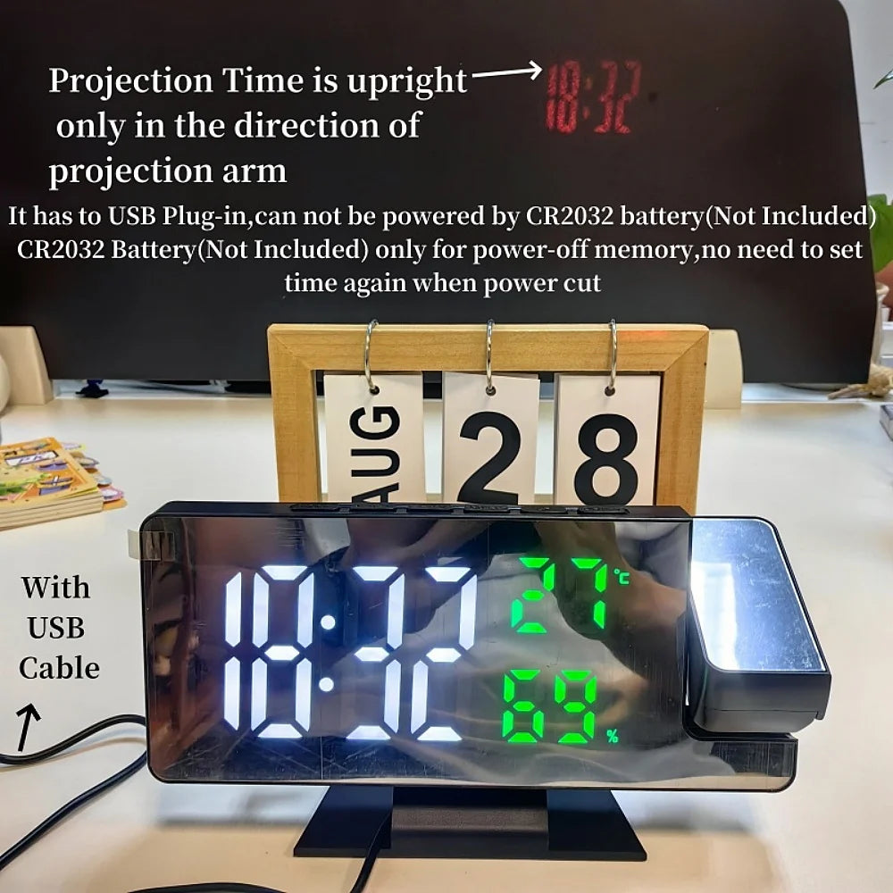 180° Projection Clock with Alarm, Temp, Humidity & USB Power