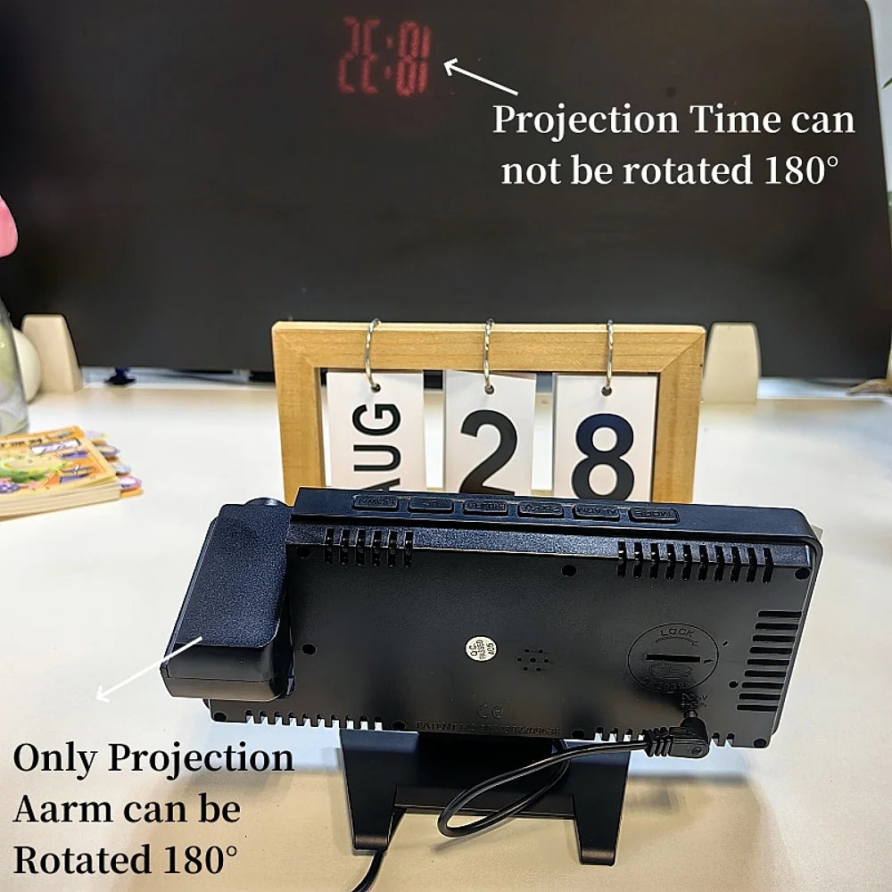 180° Projection Clock with Alarm, Temp, Humidity & USB Power