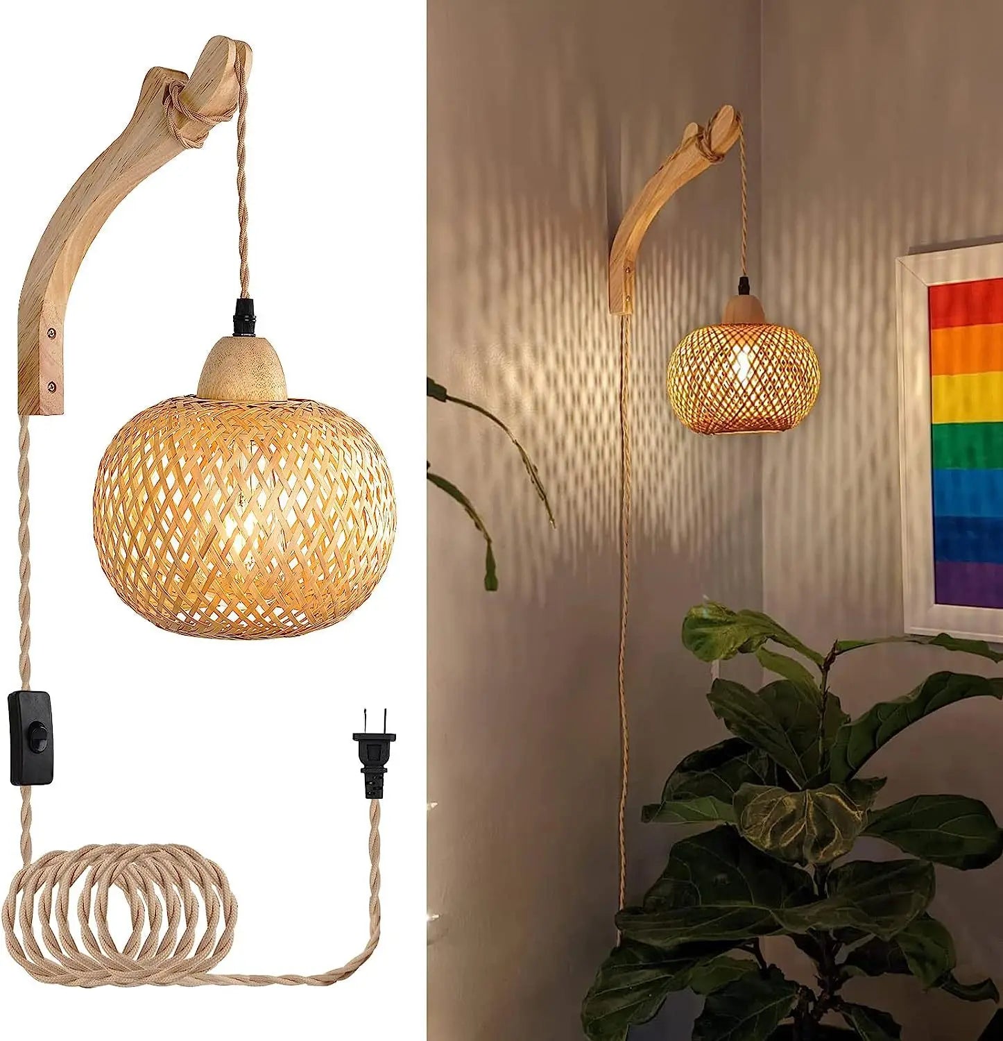 Bamboo Lantern Wall Lamp with Hand-Woven Rattan Shade