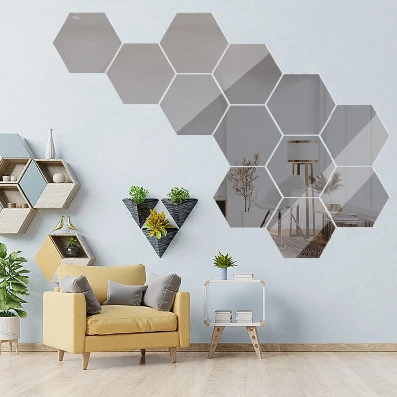 Hexagon 3D Acrylic Wall Mirror Stickers, Self-Adhesive for Home Decor