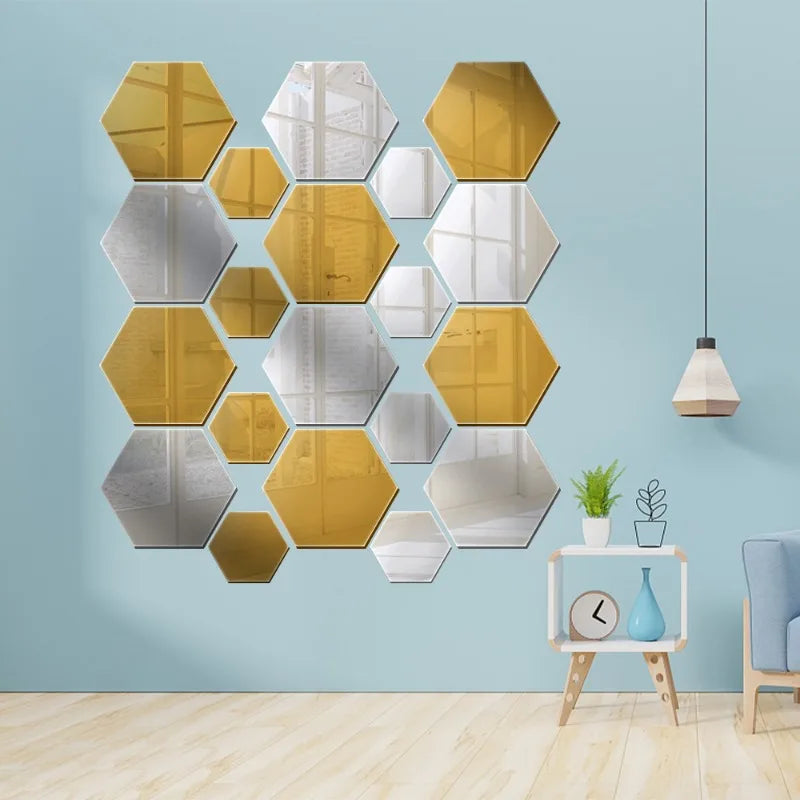 Hexagon 3D Acrylic Wall Mirror Stickers, Self-Adhesive for Home Decor