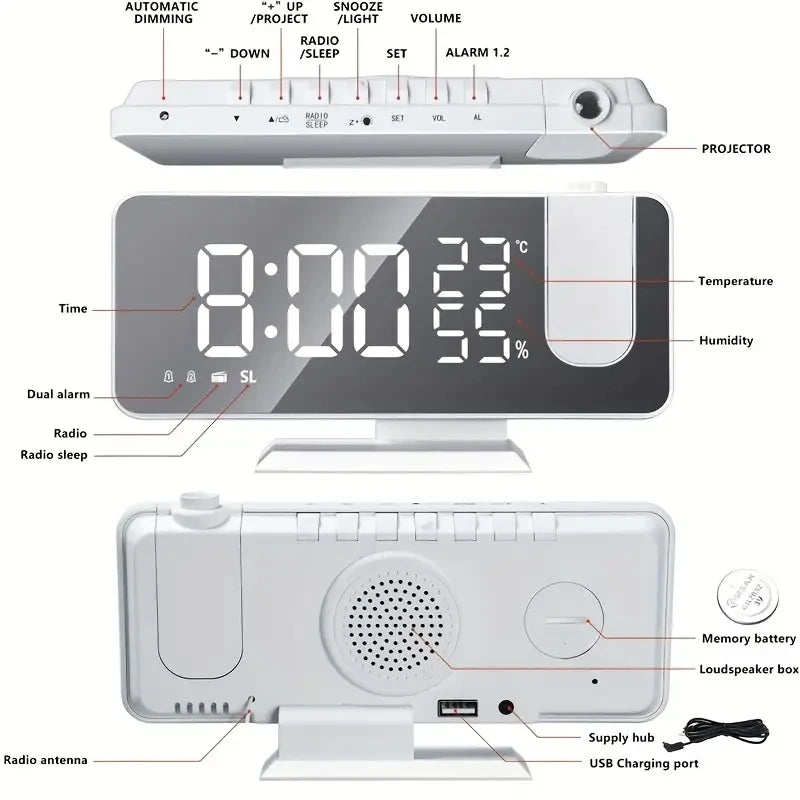 LED Projection Clock with Radio, Temp & Humidity Display