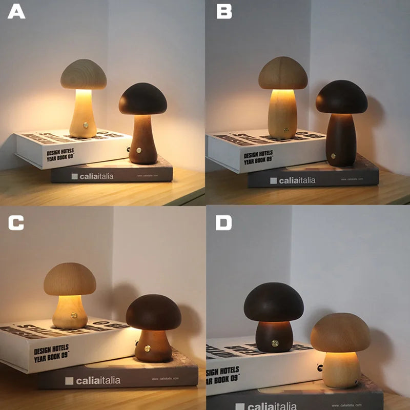 Wooden Mushroom Night Light with Touch Switch & USB Charging