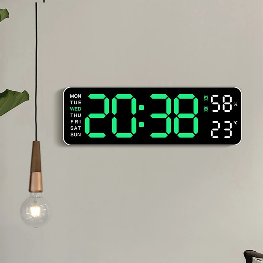 Large Digital LED Wall Clock with Temperature, Humidity & Alarm