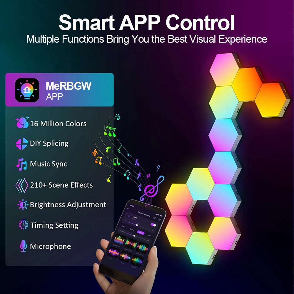 RGB Smart Hexagonal Wall Lamp with Music Rhythm & App Control