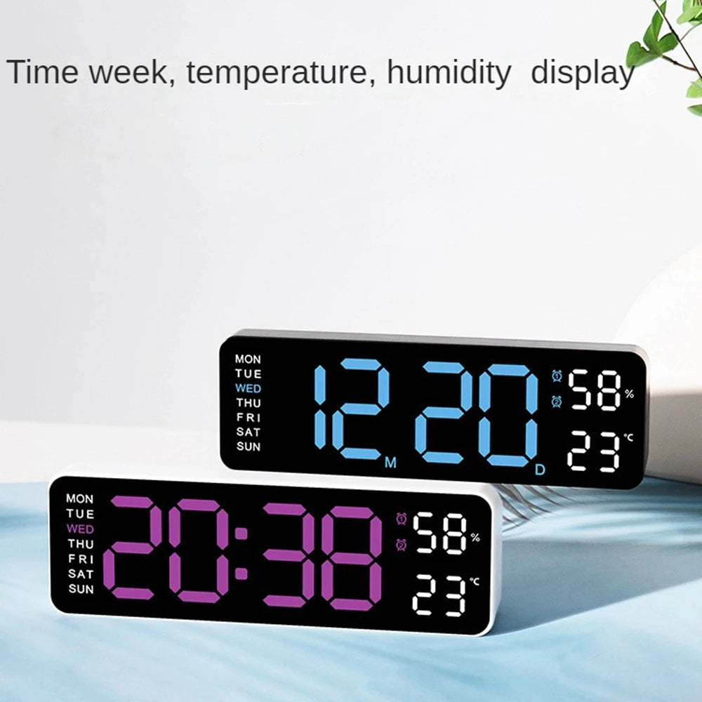 Large Digital LED Wall Clock with Temperature, Humidity & Alarm