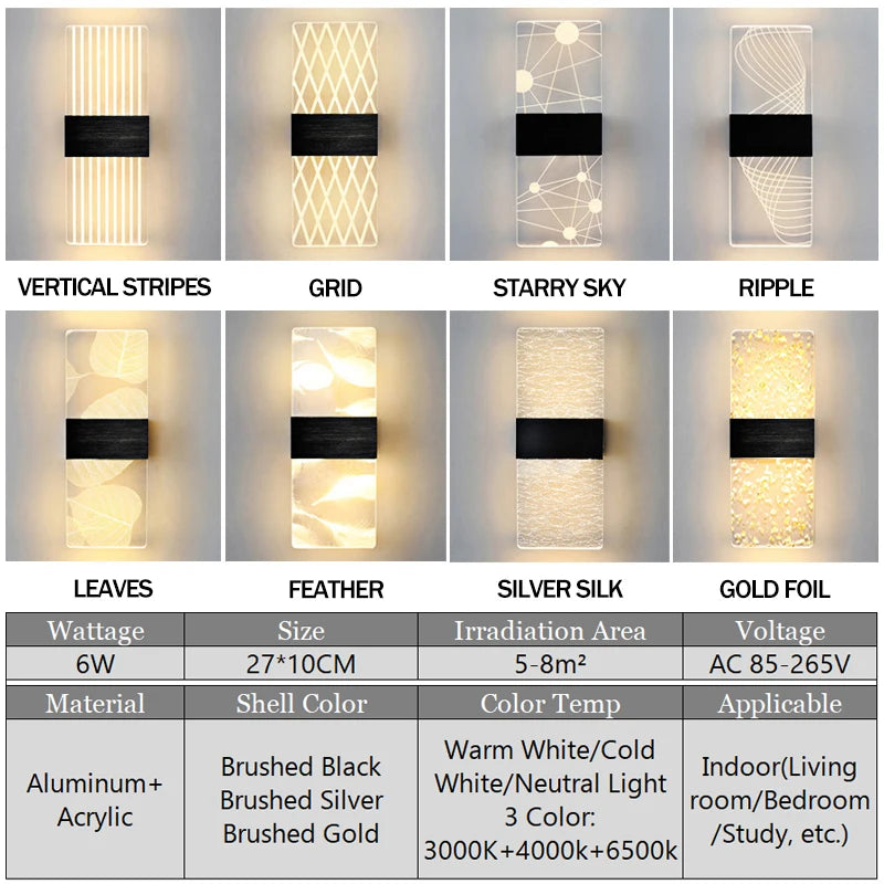 6W Modern LED Acrylic Wall Lamp for Home Decor, AC85-265V