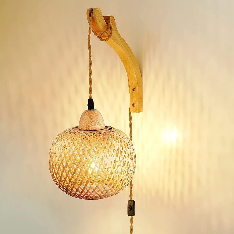 Bamboo Lantern Wall Lamp with Hand-Woven Rattan Shade