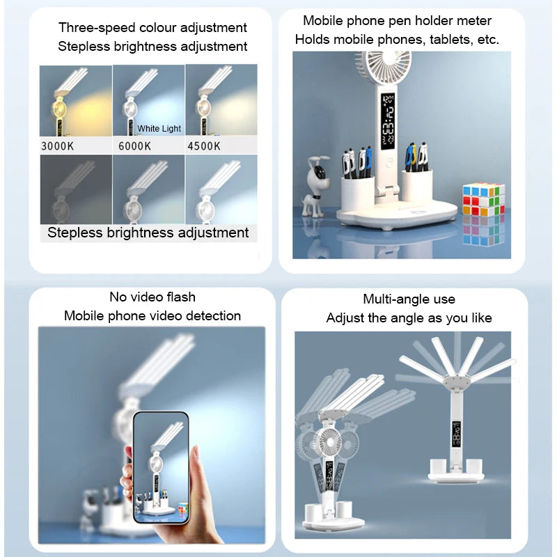 Rechargeable Desk Lamp with Fan & LED Clock Display