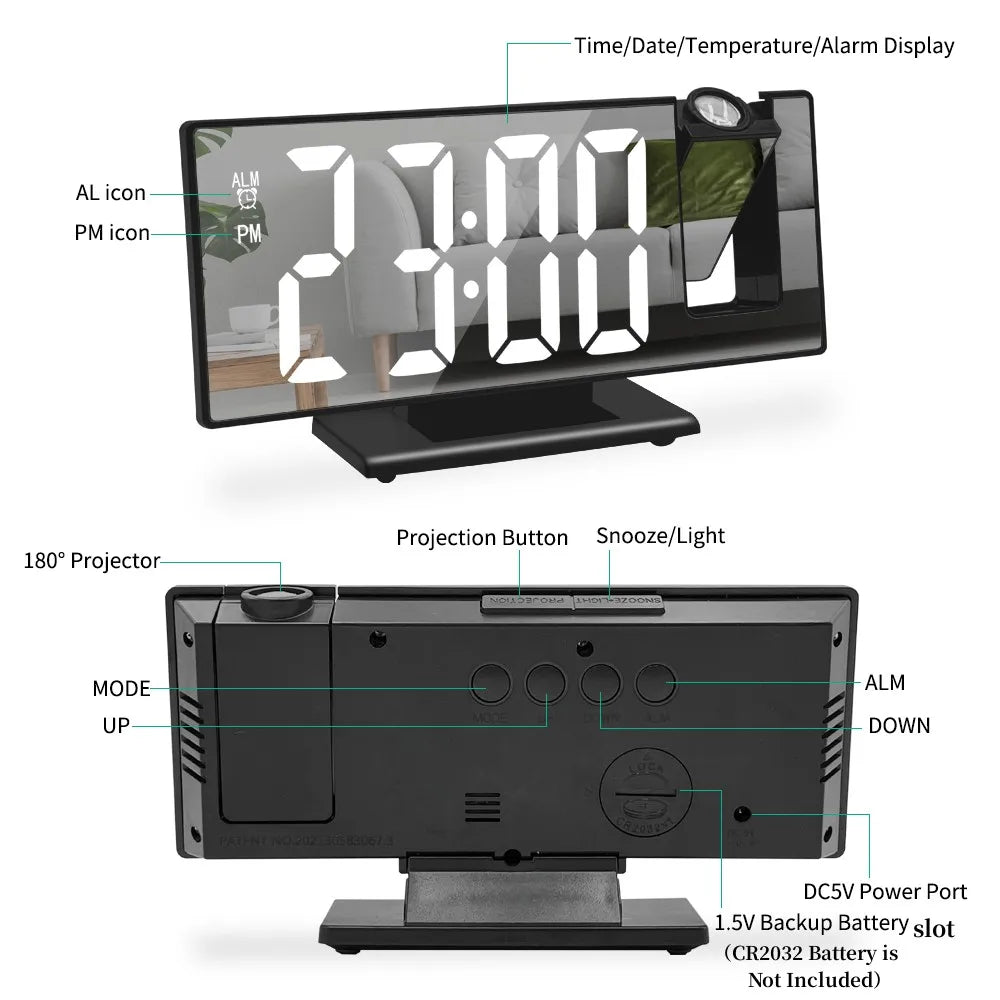 Projection Clock with Alarm, Temp, Snooze & LED Display