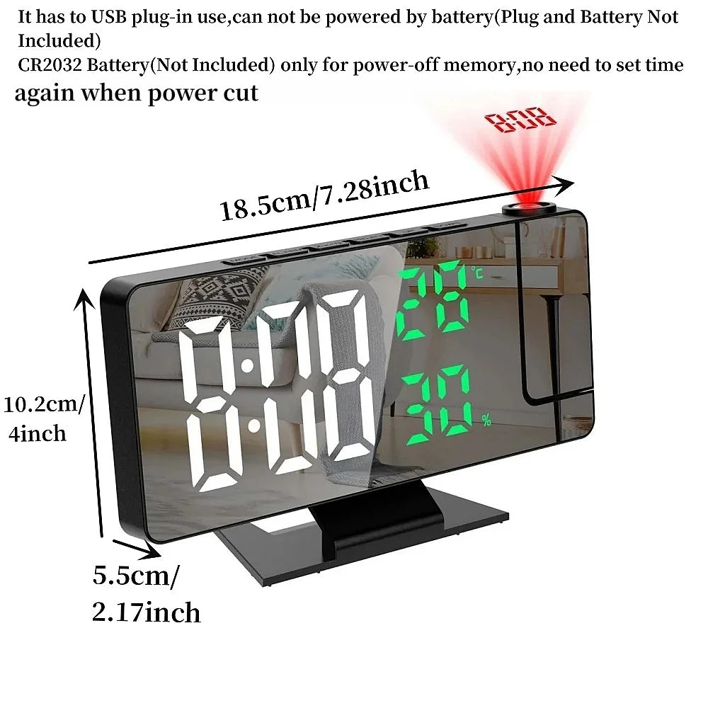 180° Projection Clock with Alarm, Temp, Humidity & USB Power