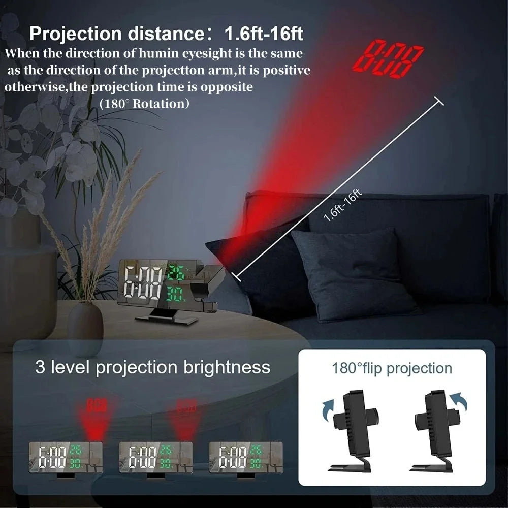 180° Projection Clock with Alarm, Temp, Humidity & USB Power