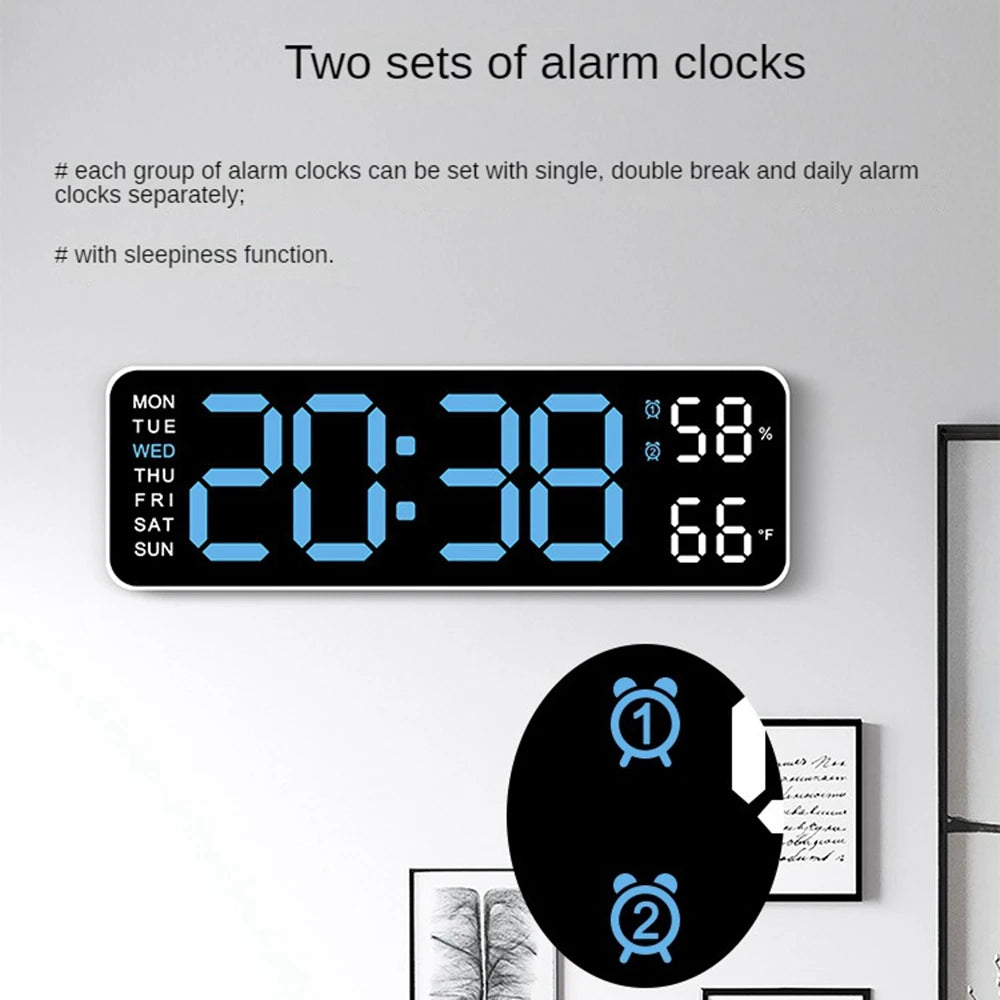 Large Digital LED Wall Clock with Temperature, Humidity & Alarm