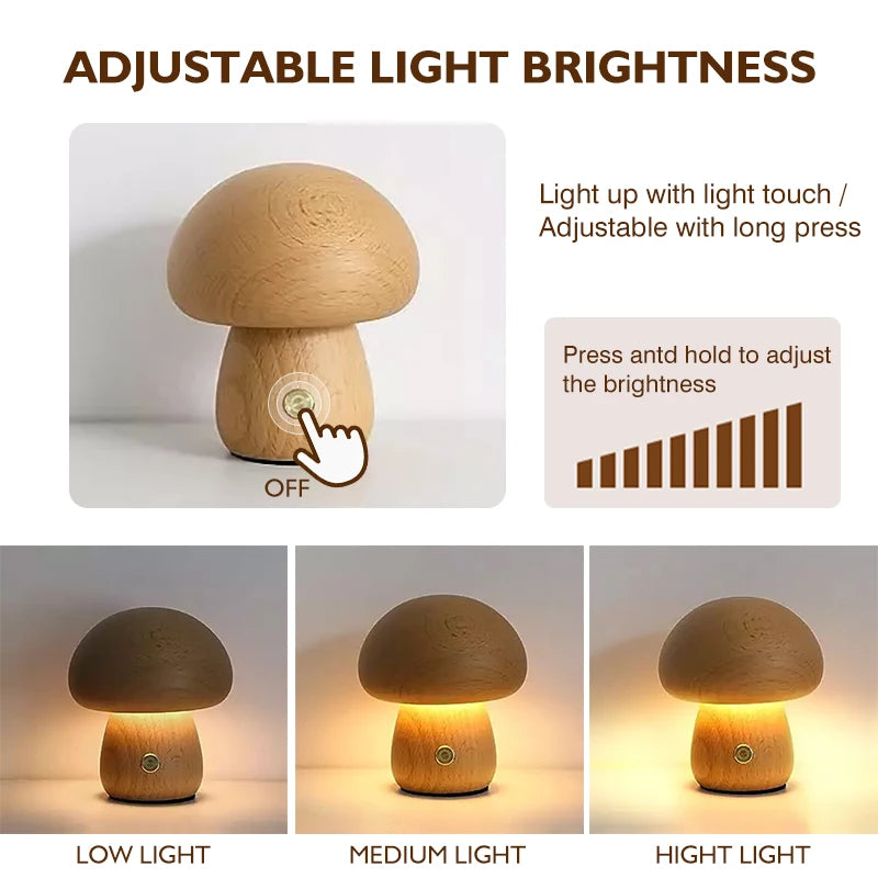 Wooden Mushroom Night Light with Touch Switch & USB Charging