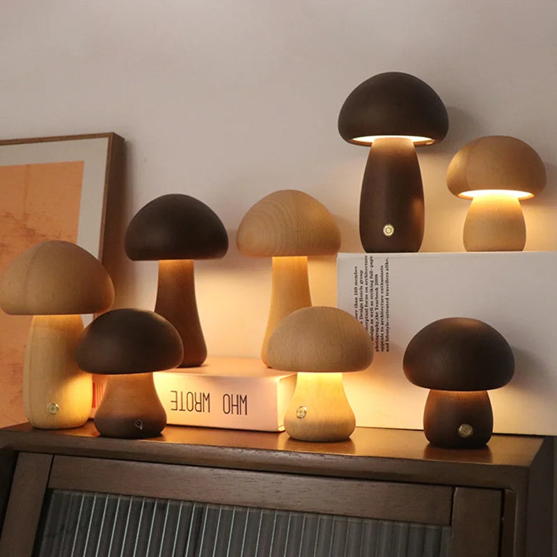 Wooden Mushroom Night Light with Touch Switch & USB Charging