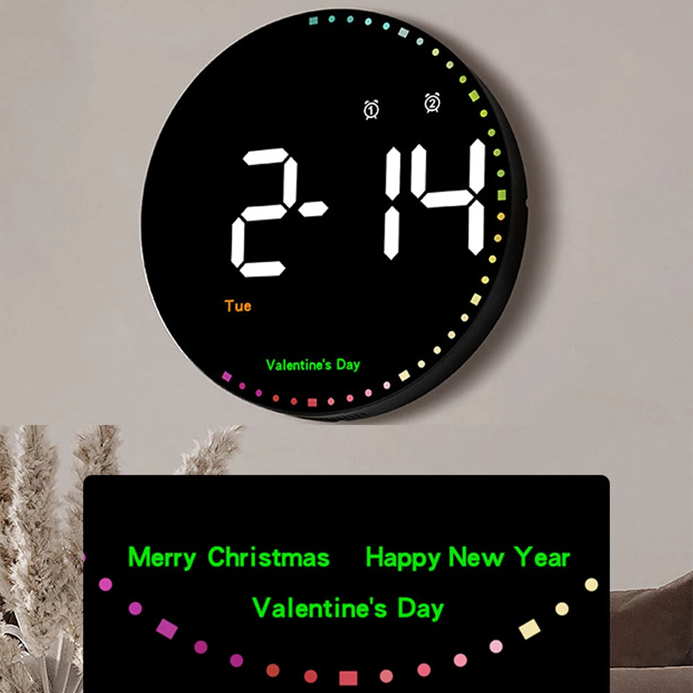 LED Wall Calendar Clock with Temp Display & Dual Alarms