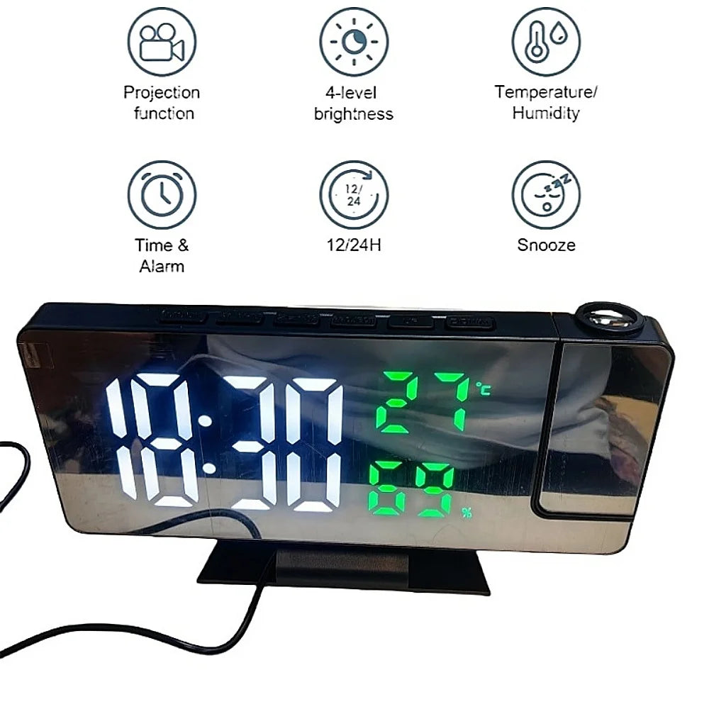 180° Projection Clock with Alarm, Temp, Humidity & USB Power