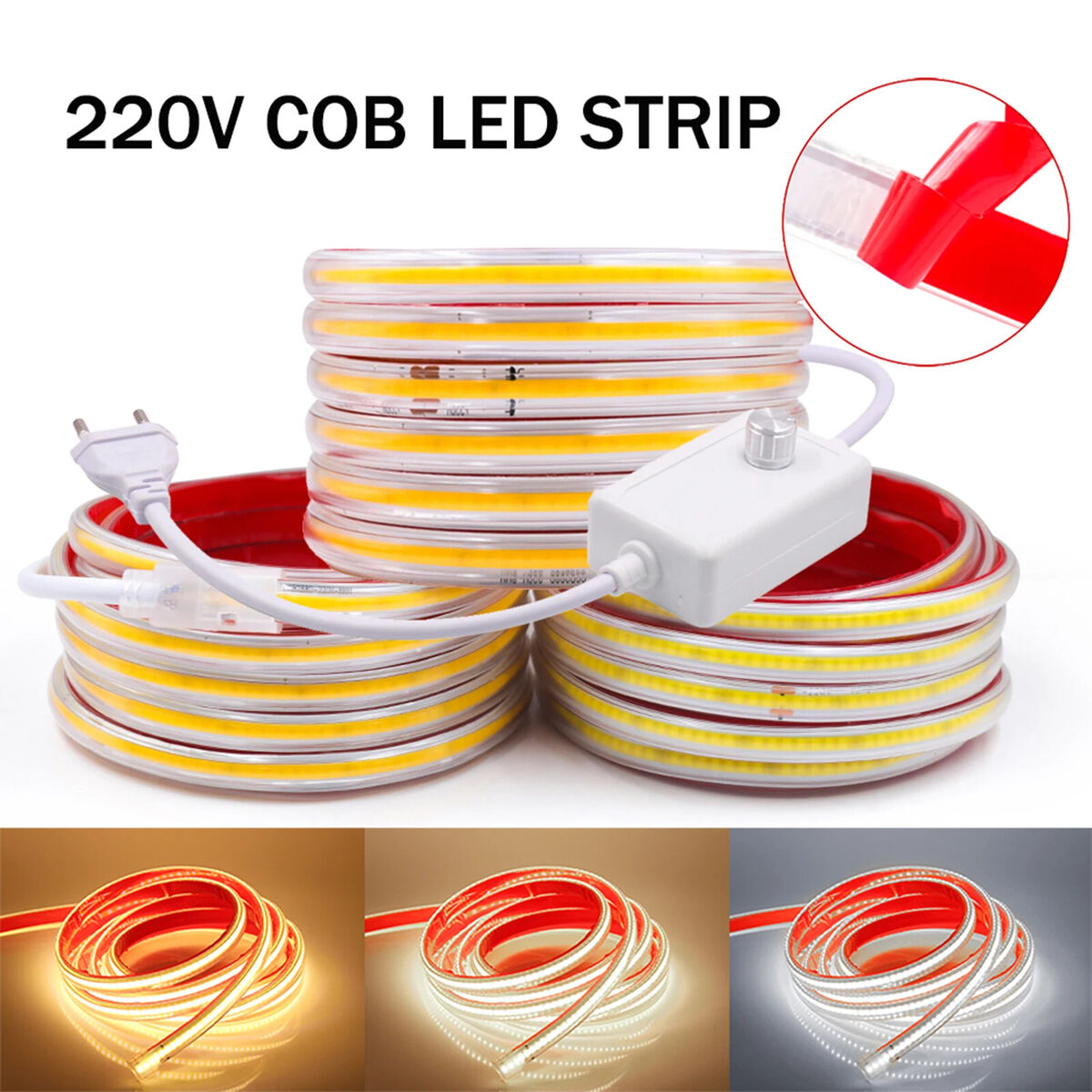 220V Waterproof COB LED Strip for Bedroom, Kitchen & Outdoor